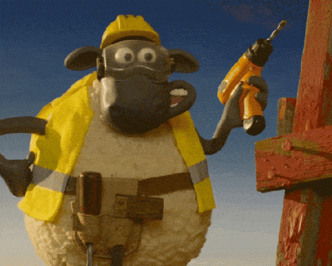 Gif of Shaun the Sheep doing DIY and spinning with a drill