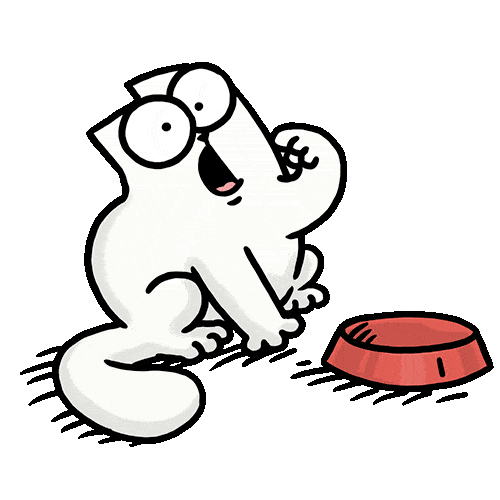 Animation gif of cat from Simon's Cat - pointing to empty mouth to indicate hunger