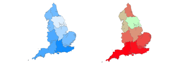 Regions of England map coloured according to sentiment and volume