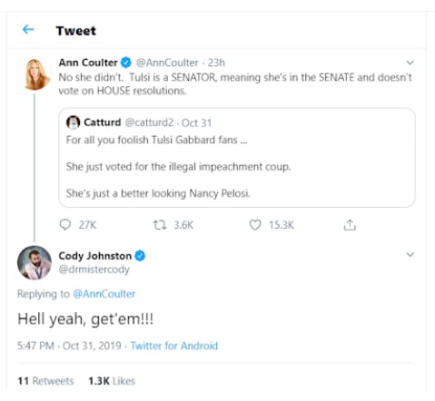 Cody Johnston tweet - Ann Coulter - Tulsi