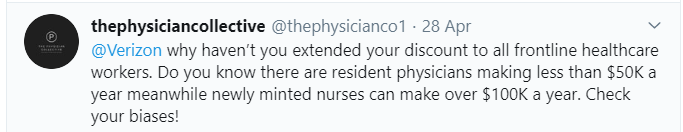 Customer tweet complaining about discounts for healthcare workers during COVID-19 to large US Telco