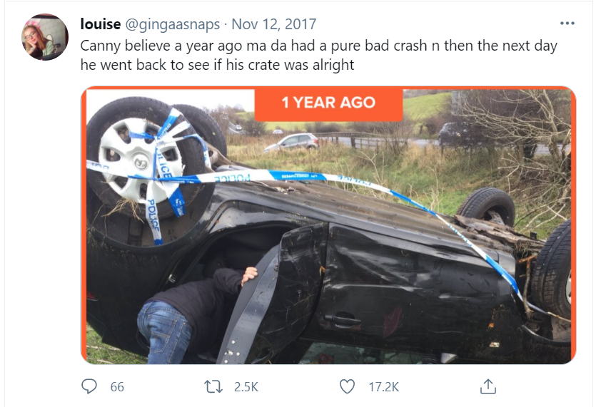 @gingaasnaps tweet "Canny believe a year ago ma da had a pure bad crash n then the next day he went back to see if his crate was alright"