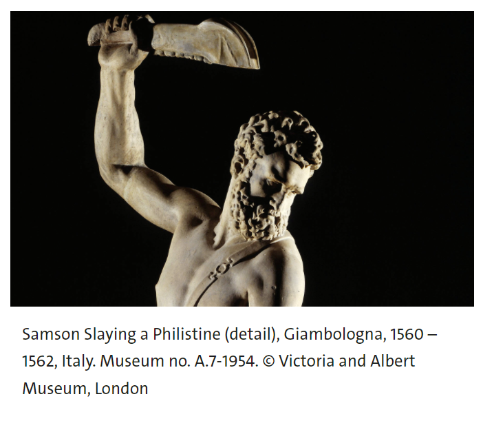 Image caption read: Samson Slaying a Philistine (detail), Giambologna, 1560 - 1562, Italy. Museum no. A.7-1954. Copyright Victoria and Albert Museum, London